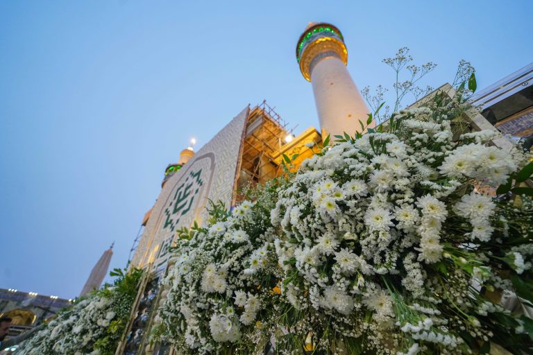 تصویر زیبا گل‌آرایی صحن حرم امیرالمؤمنین علی علیه‌السلام