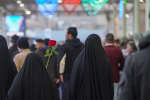 زائران با شاخه‌های گل به سمت مرقد امیرالمؤمنین علی علیه‌السلام می‌روند