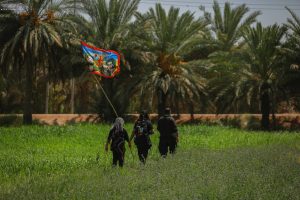 سه زائر در حال عبور از نخلستان در مسیر اربعین