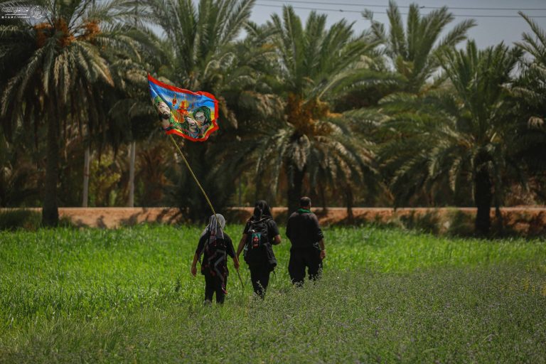 سه زائر در حال عبور از نخلستان در مسیر اربعین