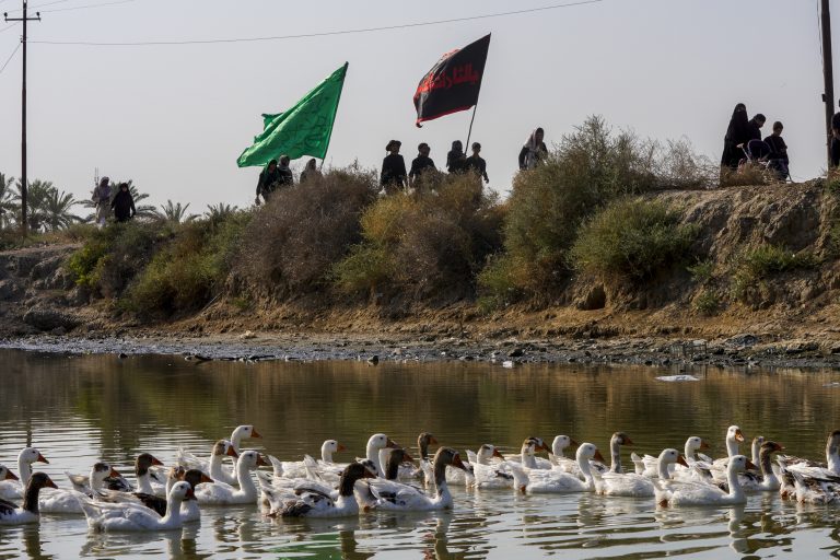 عبور زائران از کنار آبگیر با پرنده